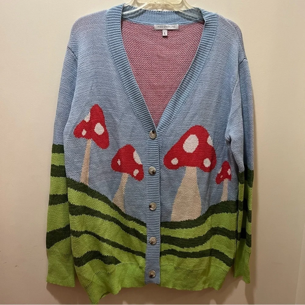Miss Sparkling boho Mushroom field cardigan colorful red green blue large EUC - Picture 4 of 9